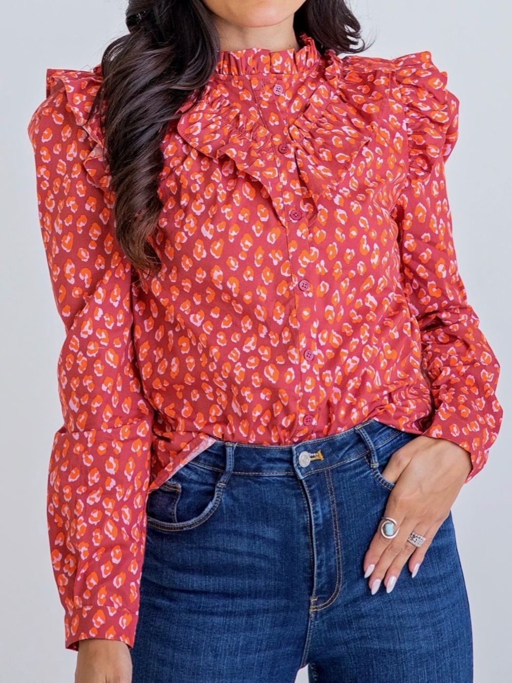 Karlie Ruffled Coral Leopard-Print Blouse - Women's Top NWT small